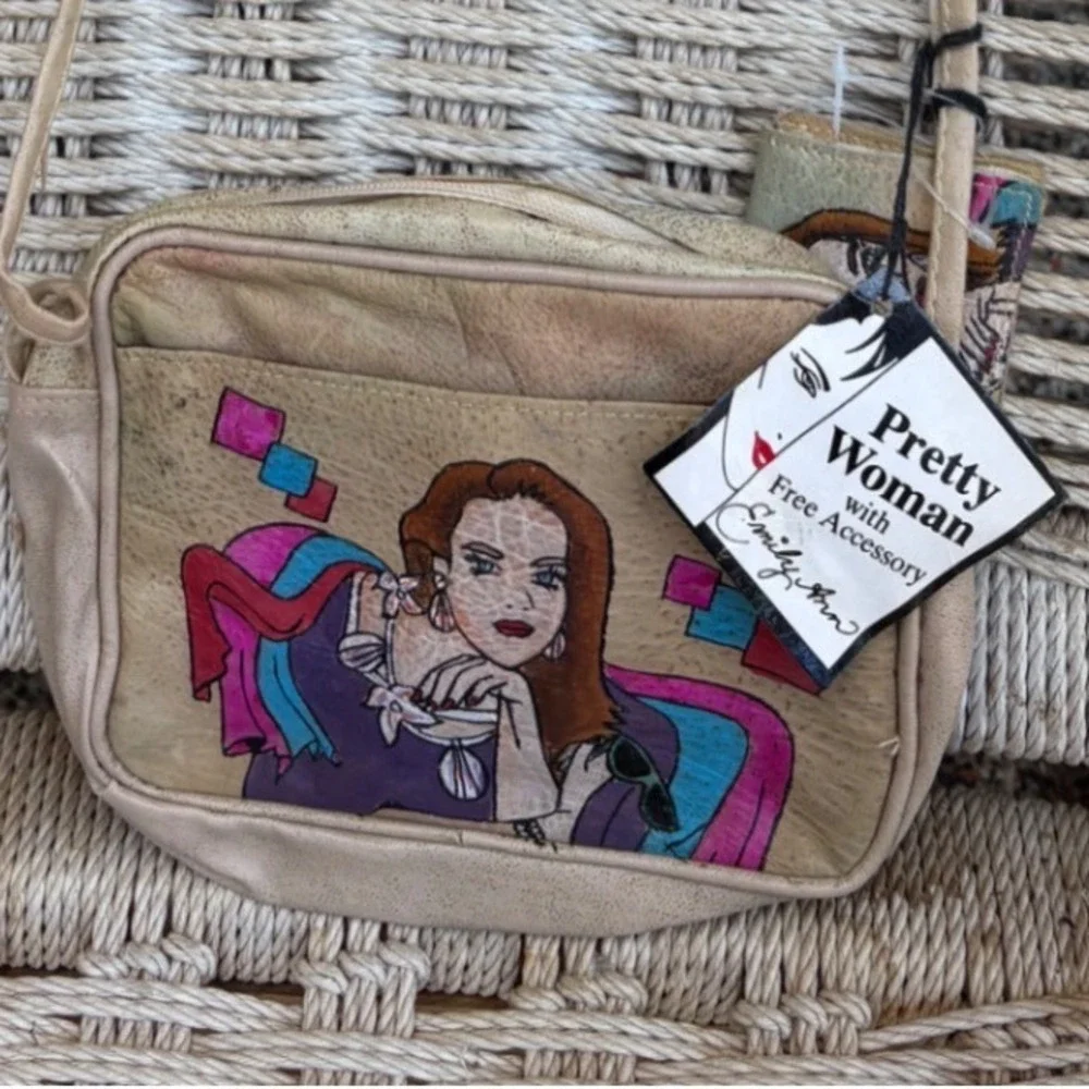 Emily Anne Vintage Hand Painted Leather Crossbody Bag Tan Pretty Woman Boho